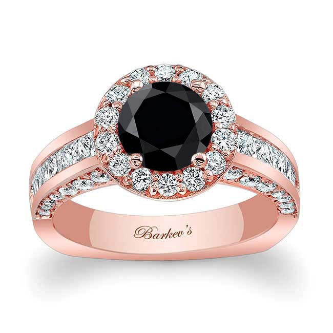 Rose Gold Round Cut Halo Black And White Diamond Ring