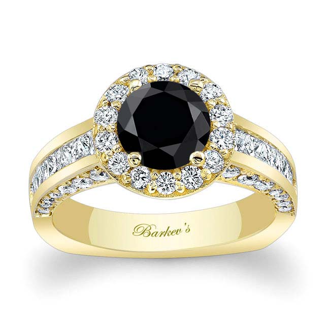 Yellow Gold Round Cut Halo Black And White Diamond Ring