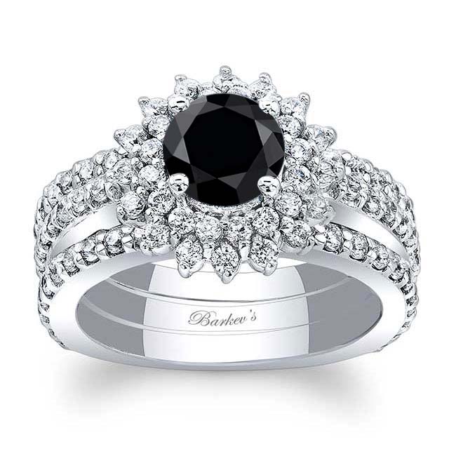 Black And White Diamond Sunflower Bridal Set With 2 Bands