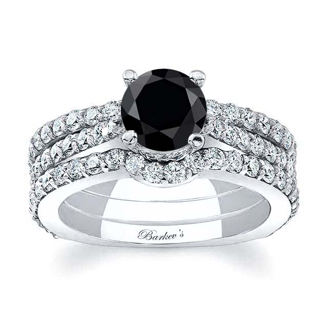 Traditional Black And White Diamond Ring Set With 2 Bands