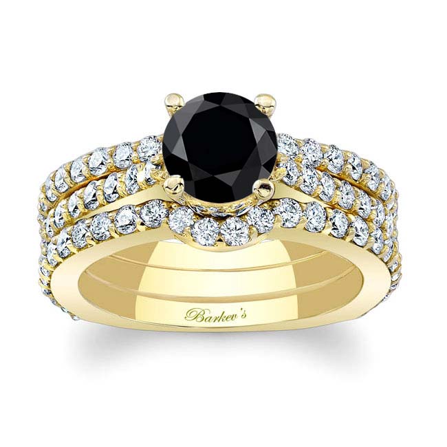 Yellow Gold Traditional Black And White Diamond Ring Set With 2 Bands