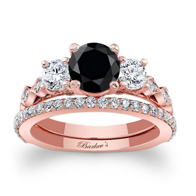 Rose Gold Vintage 3 Stone Black And White Diamond Ring Set