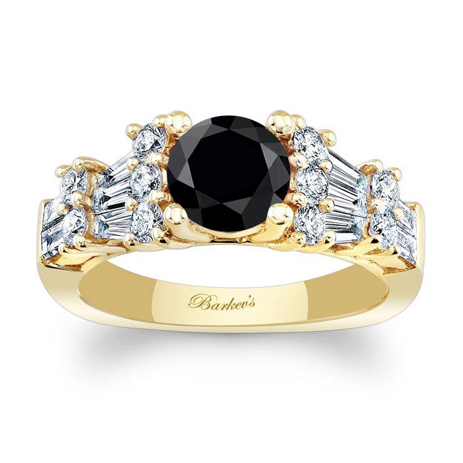 Yellow Gold Baguette And Round Black And White Diamond Ring