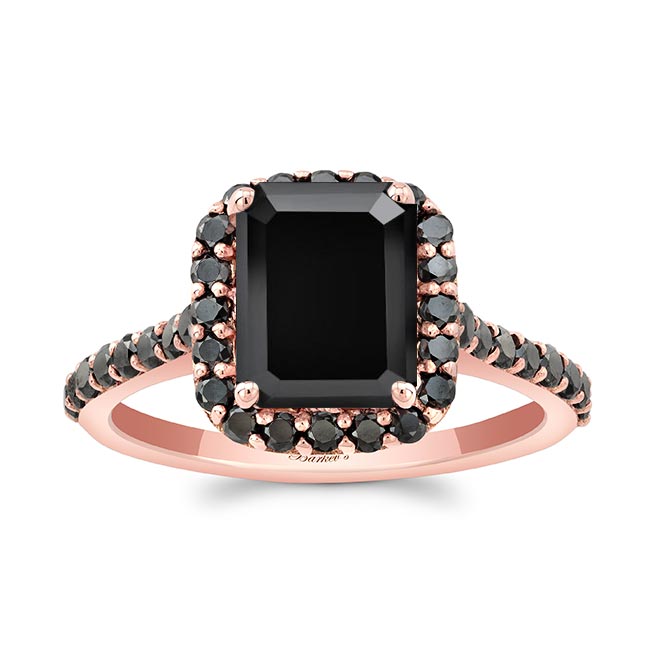 Rose Gold Emerald Cut Black Diamond Halo Ring