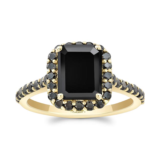 Yellow Gold Emerald Cut Black Diamond Halo Ring