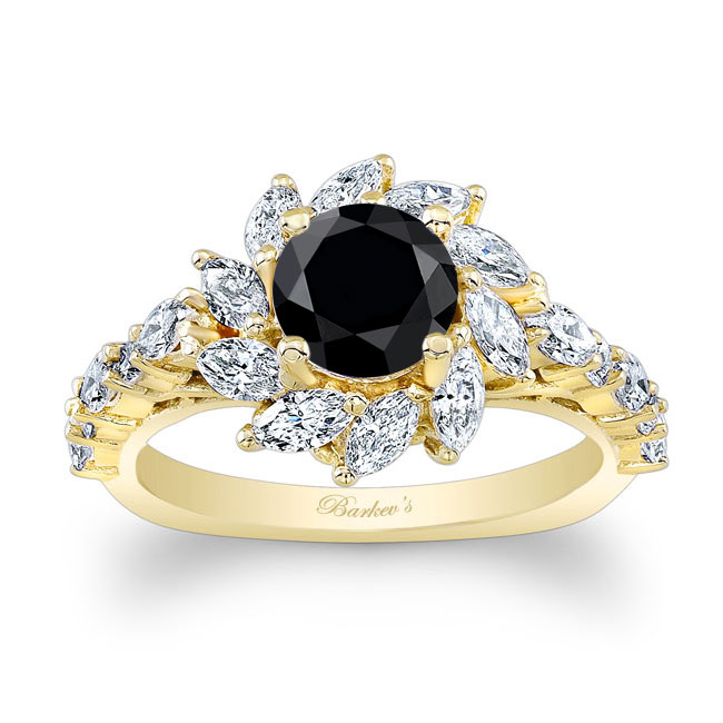 Yellow Gold Black And White Diamond Sunflower Engagement Ring