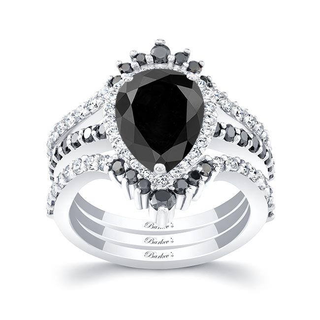 White Gold Pear Shaped Black Diamond Wedding Set With 2 Bands