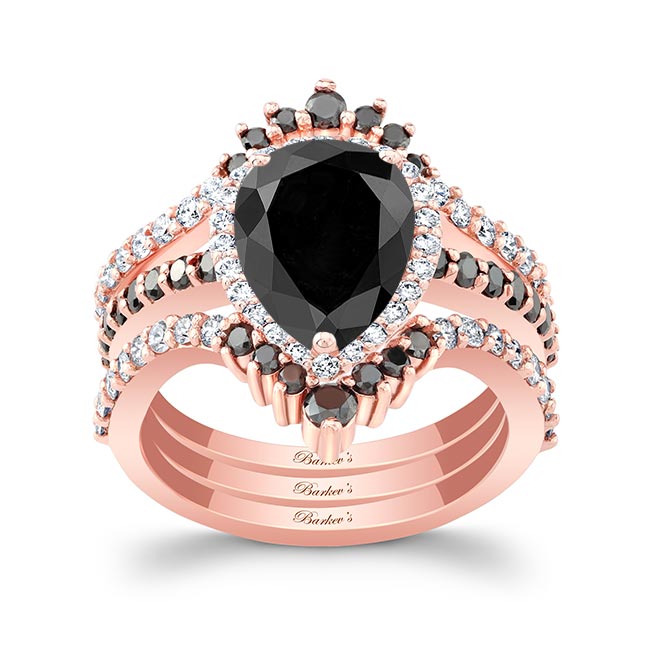 Rose Gold Pear Shaped Black Diamond Wedding Set With 2 Bands