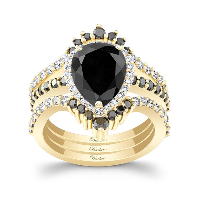 Yellow Gold Pear Shaped Black Diamond Wedding Set With 2 Bands