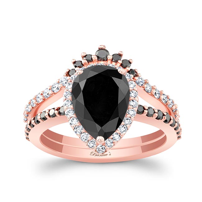 Rose Gold Pear Shaped Black Diamond Wedding Set