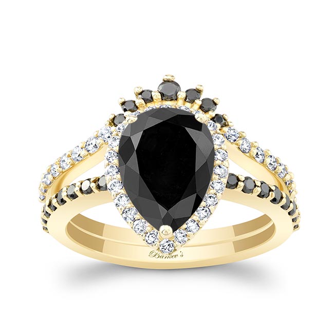 Yellow Gold Pear Shaped Black Diamond Wedding Set