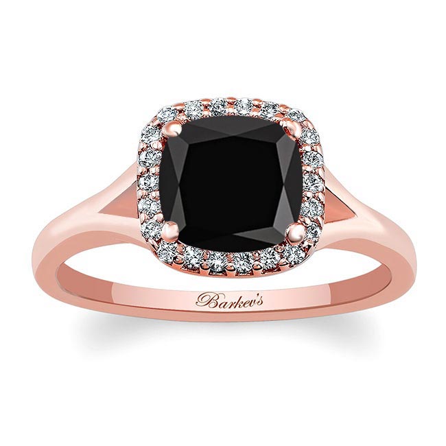 Rose Gold Cushion Black And White Diamond Halo Ring