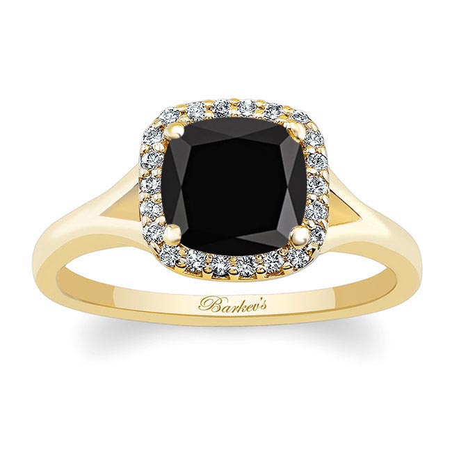 Yellow Gold Cushion Black And White Diamond Halo Ring