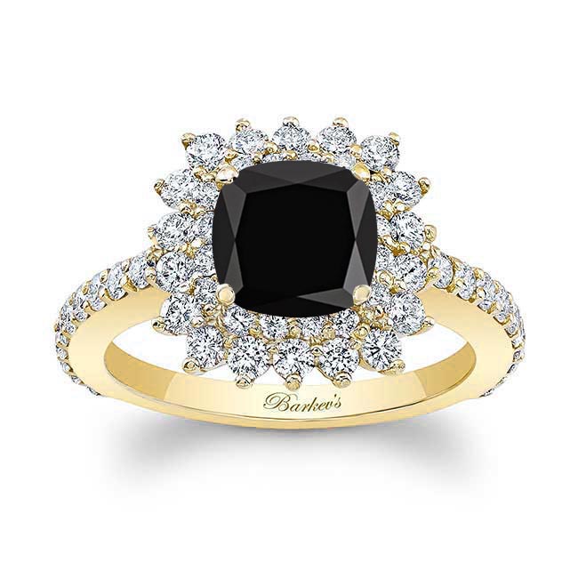 Yellow Gold Starburst Black And White Diamond Engagement Ring