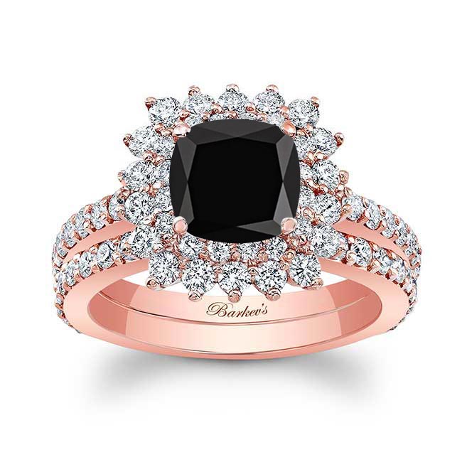 Rose Gold Starburst Black And White Diamond Wedding Ring Set