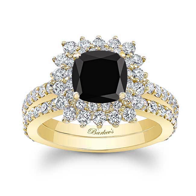 Yellow Gold Starburst Black And White Diamond Wedding Ring Set