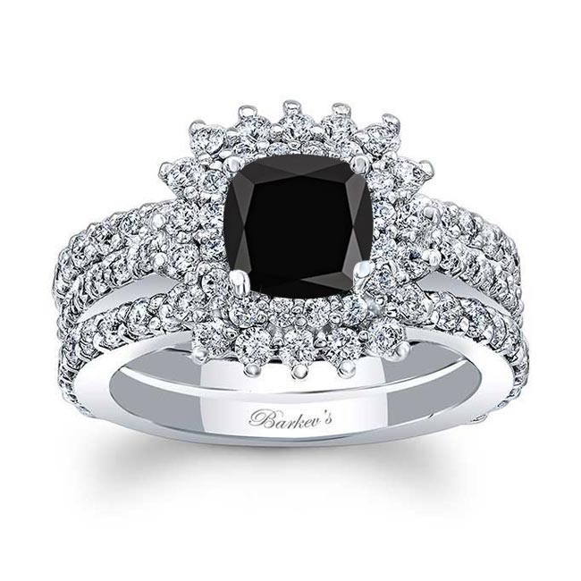 Starburst Black And White Diamond Wedding Ring Set With 2 Bands