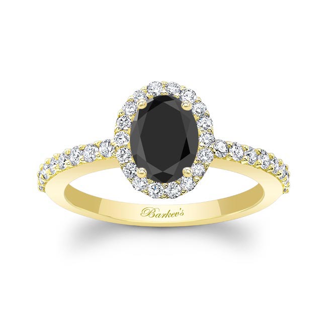 Yellow Gold Oval Black And White Diamond Halo Engagement Ring