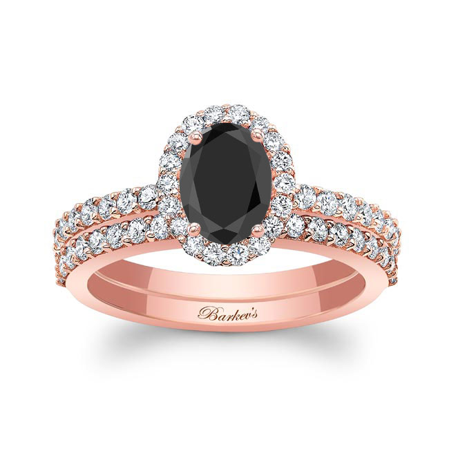 Rose Gold Oval Black And White Diamond Halo Wedding Set