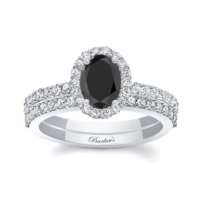 White Gold Oval Black And White Diamond Halo Wedding Set