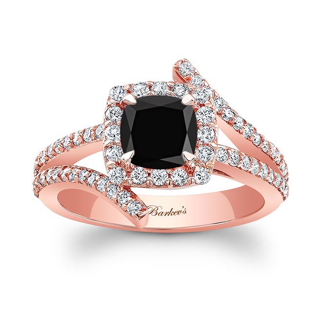 Rose Gold Split Shank Cushion Cut Black And White Diamond Halo Ring