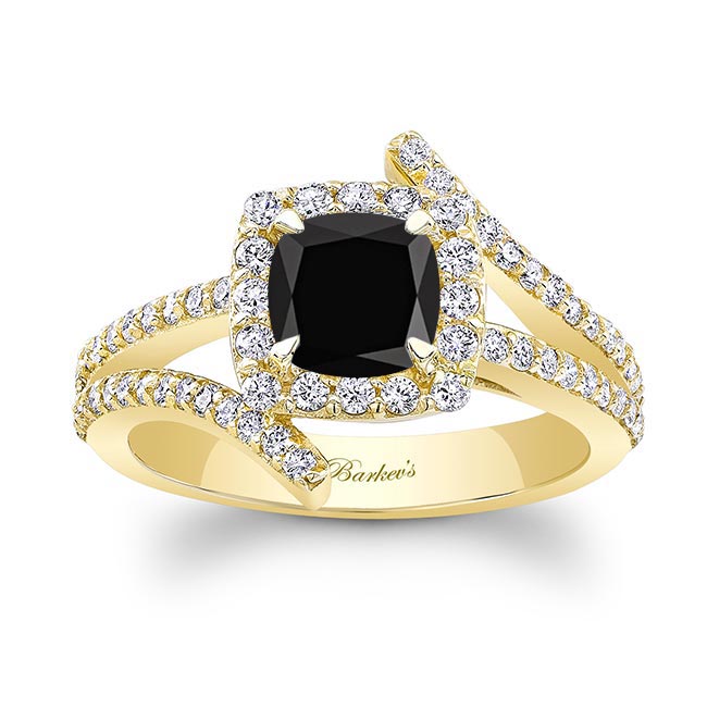 Yellow Gold Split Shank Cushion Cut Black And White Diamond Halo Ring