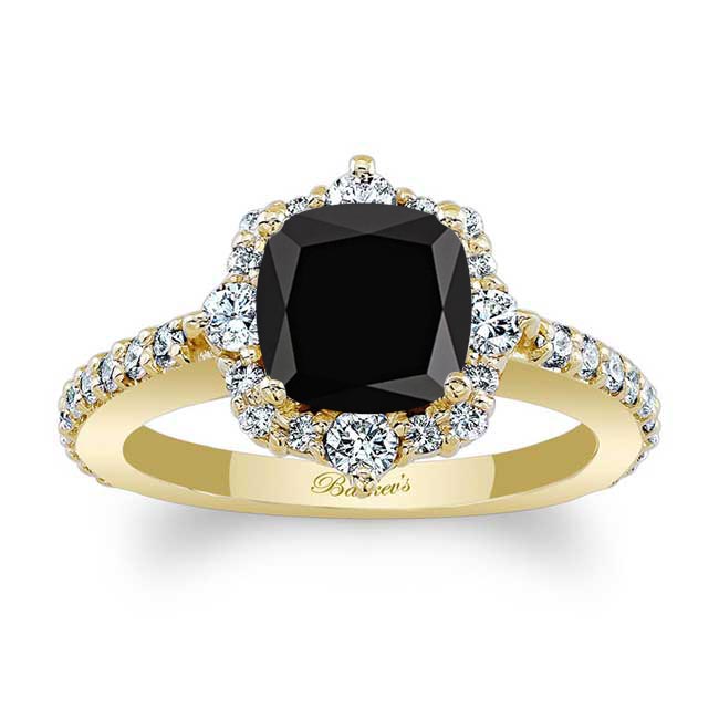 Yellow Gold Halo Cushion Cut Black And White Diamond Ring