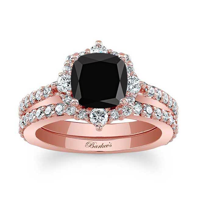 Rose Gold Halo Cushion Cut Black And White Diamond Wedding Ring Set