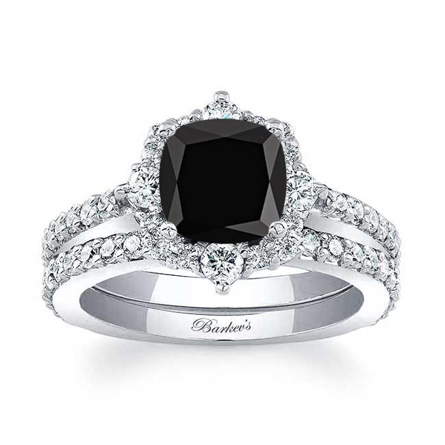 Halo Cushion Cut Black And White Diamond Wedding Ring Set