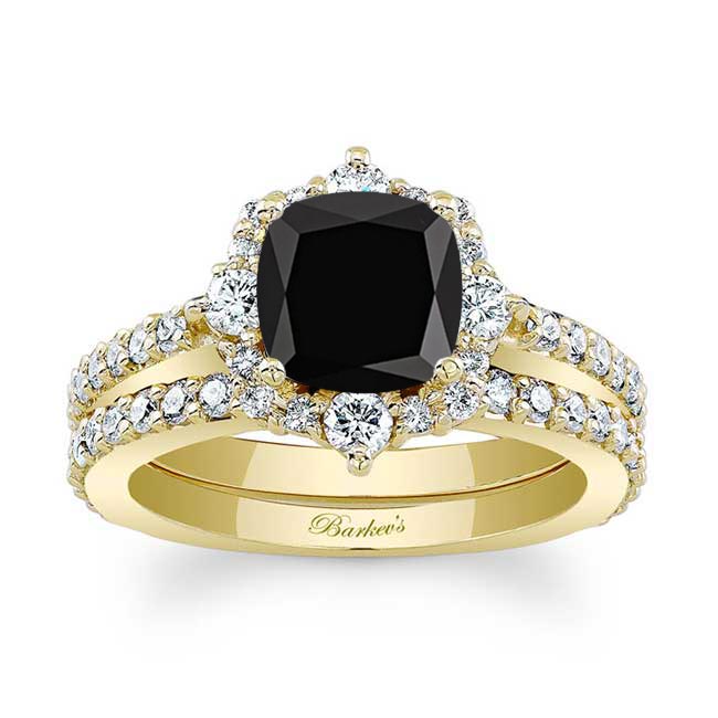 Yellow Gold Halo Cushion Cut Black And White Diamond Wedding Ring Set