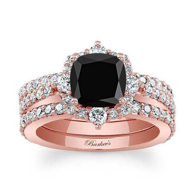 Rose Gold Halo Cushion Cut Black And White Diamond wedding Ring Set With 2 Bands