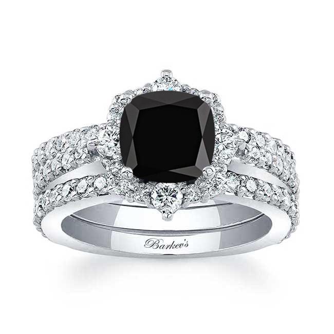 Halo Cushion Cut Black And White Diamond wedding Ring Set With 2 Bands