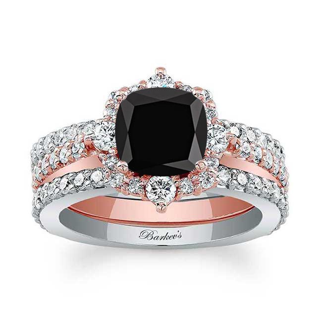 White Rose Gold Halo Cushion Cut Black And White Diamond wedding Ring Set With 2 Bands