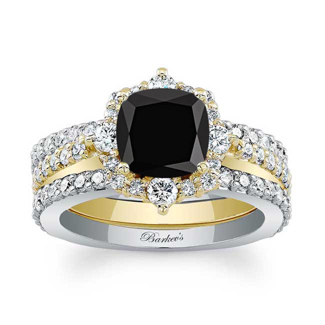 White Yellow Gold Halo Cushion Cut Black And White Diamond wedding Ring Set With 2 Bands