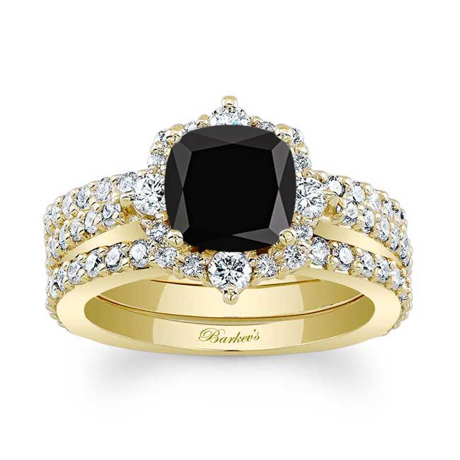 Yellow Gold Halo Cushion Cut Black And White Diamond wedding Ring Set With 2 Bands