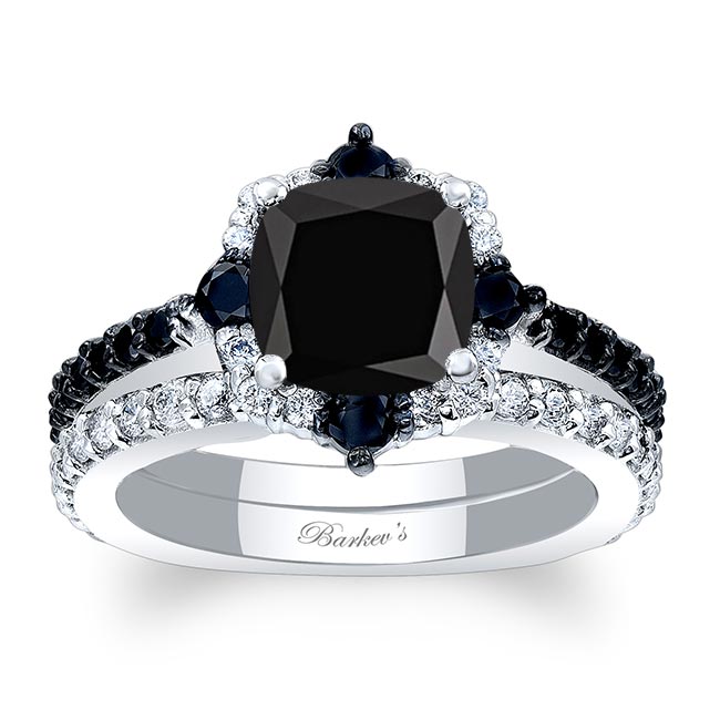 Halo Cushion Cut Black Diamond wedding Ring Set