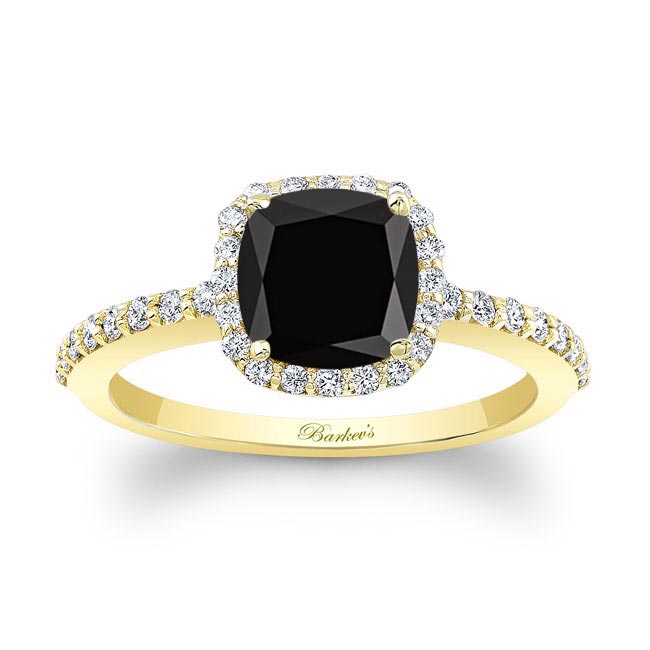 Yellow Gold 1 Carat Cushion Cut Black And White Diamond Halo Engagement Ring