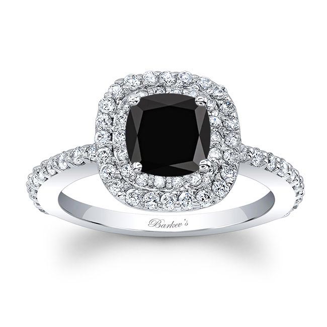 Cushion Cut Black And White Diamond Double Halo Engagement Ring