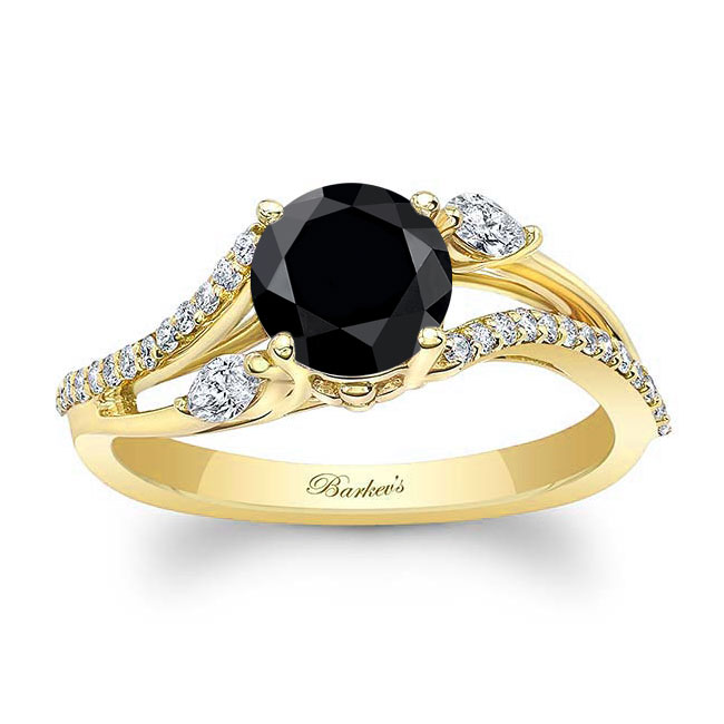 Yellow Gold Curved Split Shank Black And White Diamond Ring