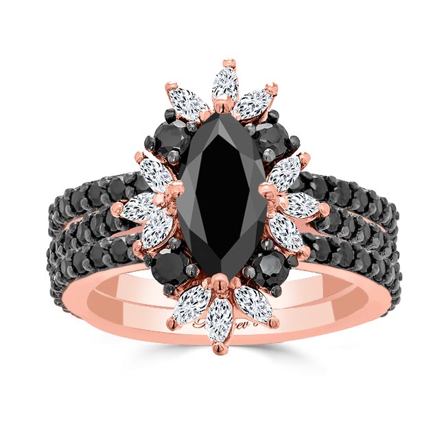 Rose Gold Marquise Black Diamond Wedding Set With 2 Bands