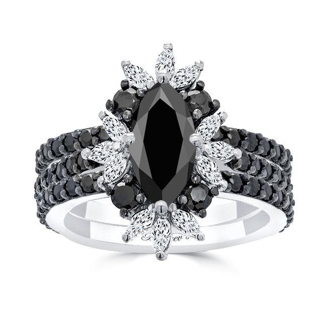 Marquise Black Diamond Wedding Set With 2 Bands