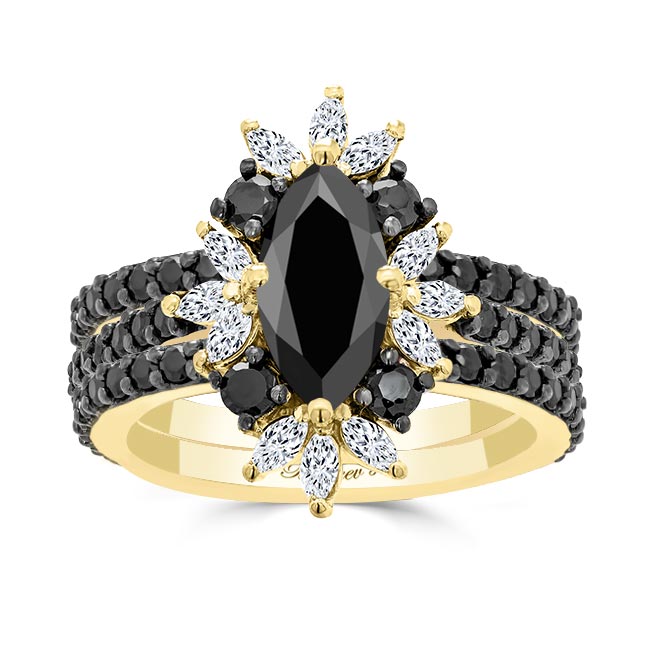 Yellow Gold Marquise Black Diamond Wedding Set With 2 Bands