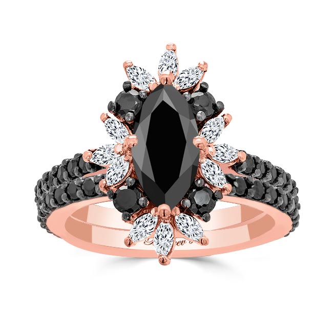 Rose Gold Marquise Black Diamond Wedding Set