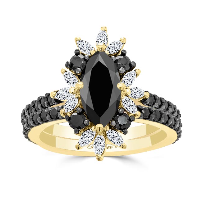 Yellow Gold Marquise Black Diamond Wedding Set