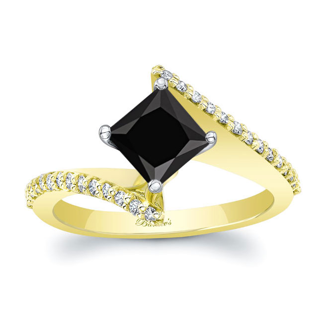 Yellow Gold Princess Cut Black And White Diamond Bypass Ring