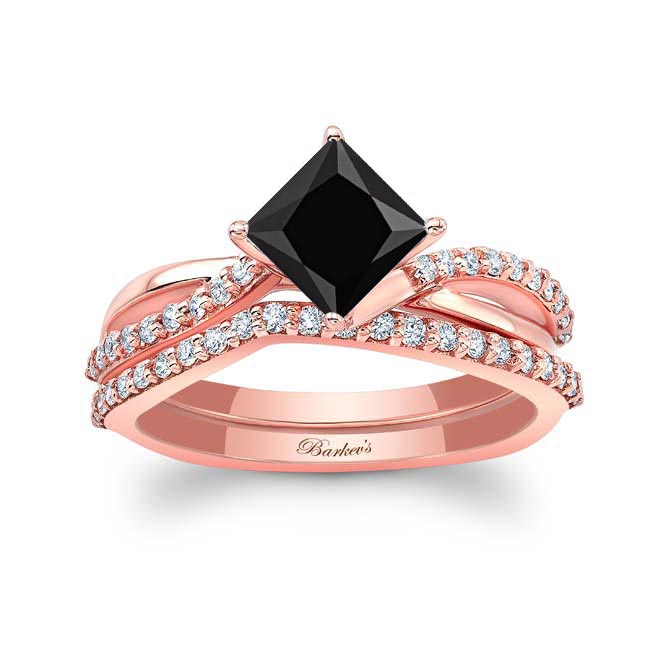 Rose Gold Princess Cut Black And White Diamond Twist Bridal Set