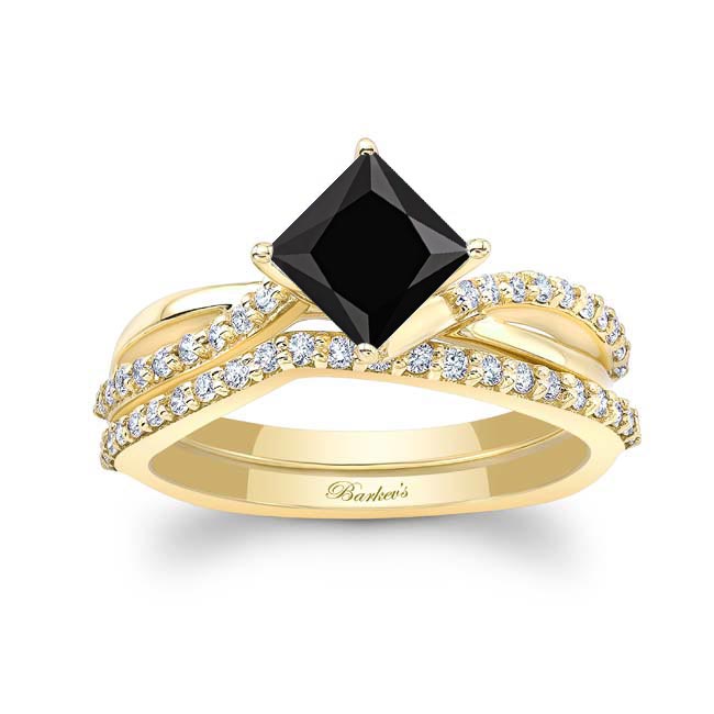 Yellow Gold Princess Cut Black And White Diamond Twist Bridal Set