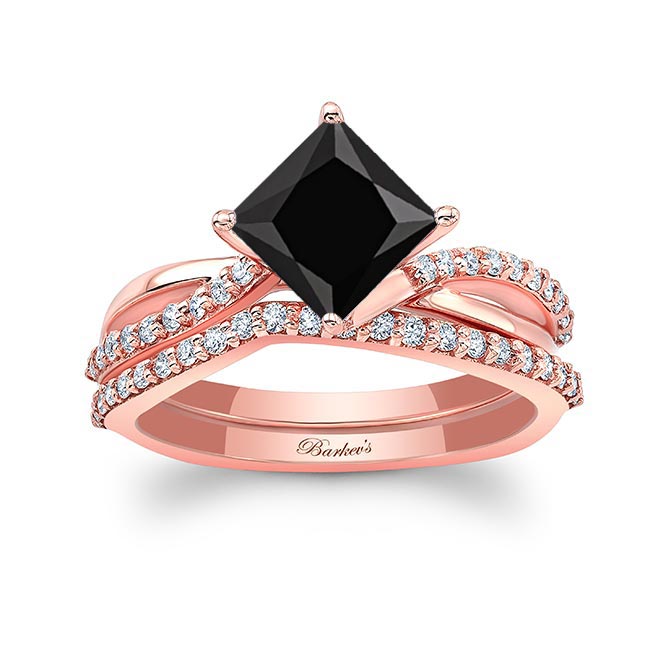 Rose Gold 2 Carat Princess Cut Black And White Diamond Twist Bridal Set