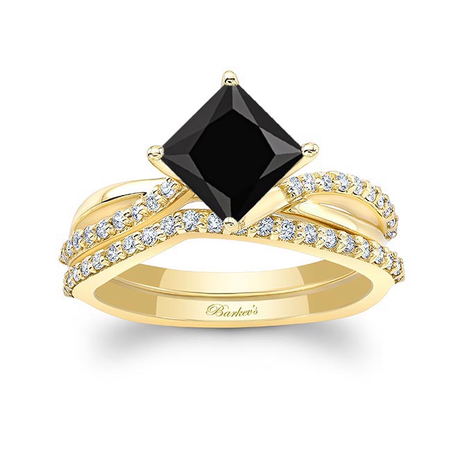 Yellow Gold 2 Carat Princess Cut Black And White Diamond Twist Bridal Set