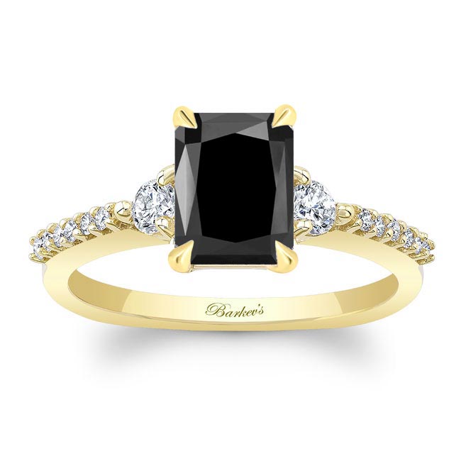 Yellow Gold Black And White Diamond 3 Stone Radiant Cut Engagement Ring